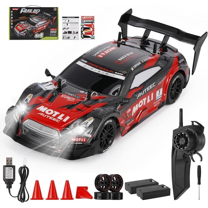 RC távirányítós autó, Excited Drift Car 1:18 LED lámpák cserélhető gumik piros/fekete