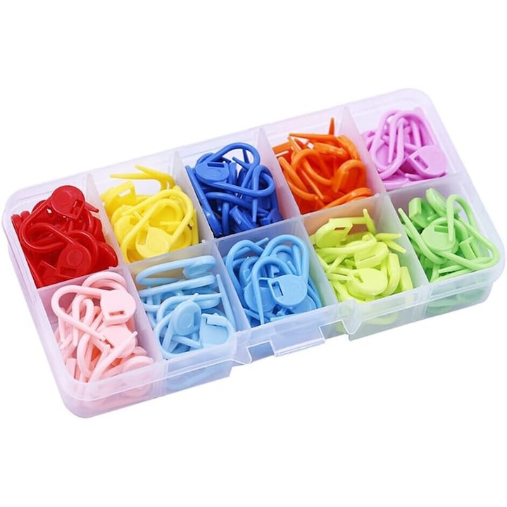 Set 120 marcatoare cusatura, JENUOS®, markere de plastic cu cutie depozitare, pentru crosetat si confectii de artizanat, 16×6.5×2cm, 61g, multicolor