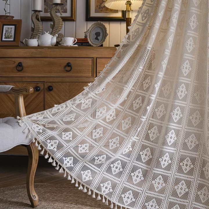 Perdea Bumbac Macrame, Bej, InfinityMag, cu franjuri, 150x200cm