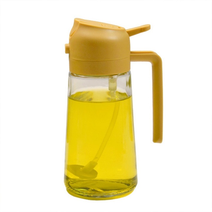 Sticla pentru ulei 2 in 1, rezistenta la temperaturi inalte, gura larga, galben, 450ml
