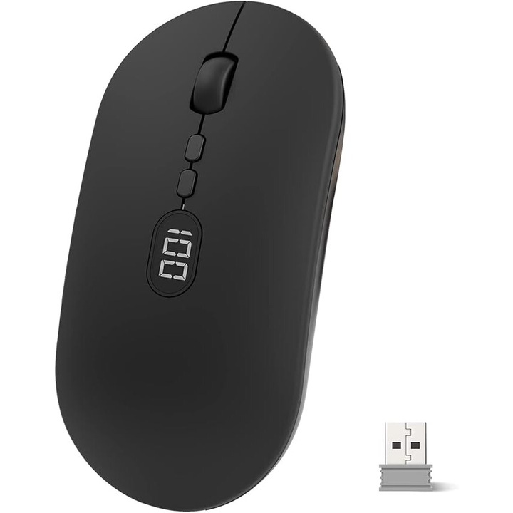Mouse wireless ultra-subtire, portabil, DPI reglabil, clic silentios, indicator nivel baterie, reincarcabil prin USB-C, negru