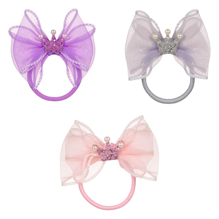 Set 3 elastice de par Shopiens® pentru fetite, gri, roz cu fundita verde deschis cu coroana cu glitter si perle albe
