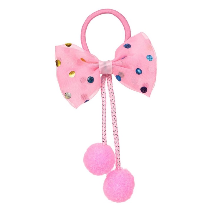 Set 2 elastice de par Shopiens® pentru fetite, fundita roz cu buline colorate si 2 pompoane roz