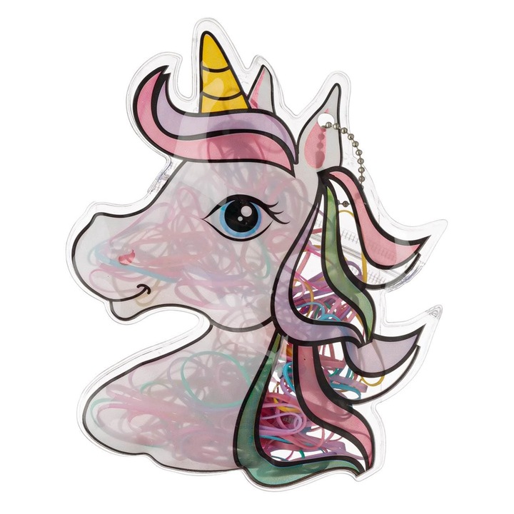 Set 90 elastice de par Shopiens® pentru fetite, colorate, intr-o cutie din PVC in forma de unicorn