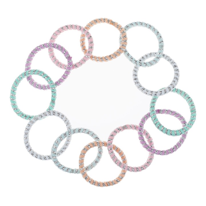 Set 12 elastice de par Shopiens® pentru fetite, subtiri cu lurex argintiu de diferite culori pastelate