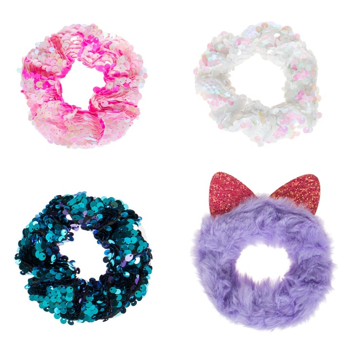 Цветни текстилни връзки за коса с пайети и лилава кожа с ушички за деца - 4бр