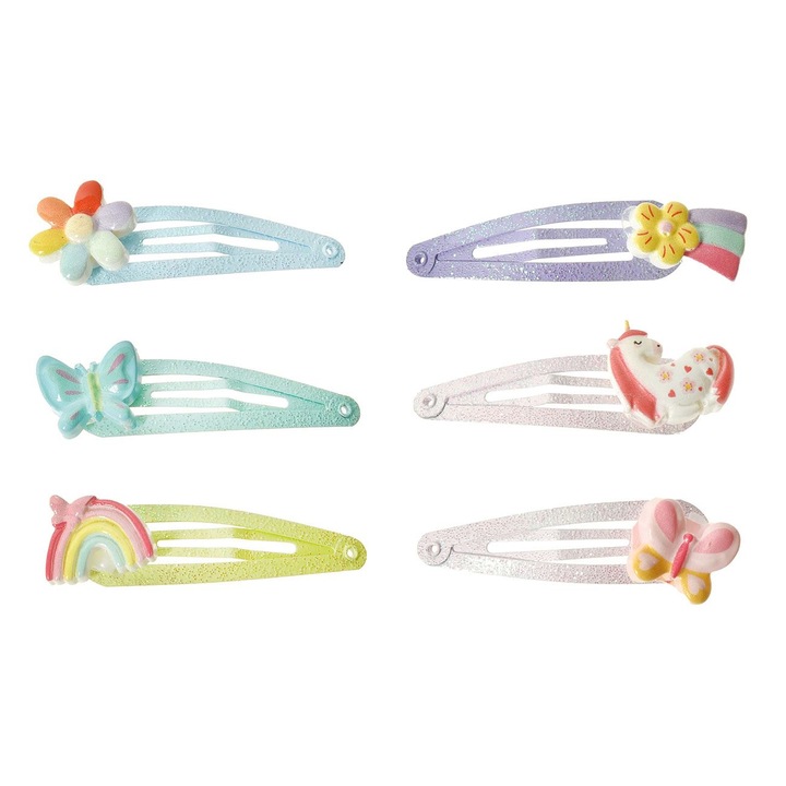 Set 6 clame metalice de par Shopiens® pentru fetite, cu model curcubeu, floare, fluture si unicorn, multicolore, 5 cm