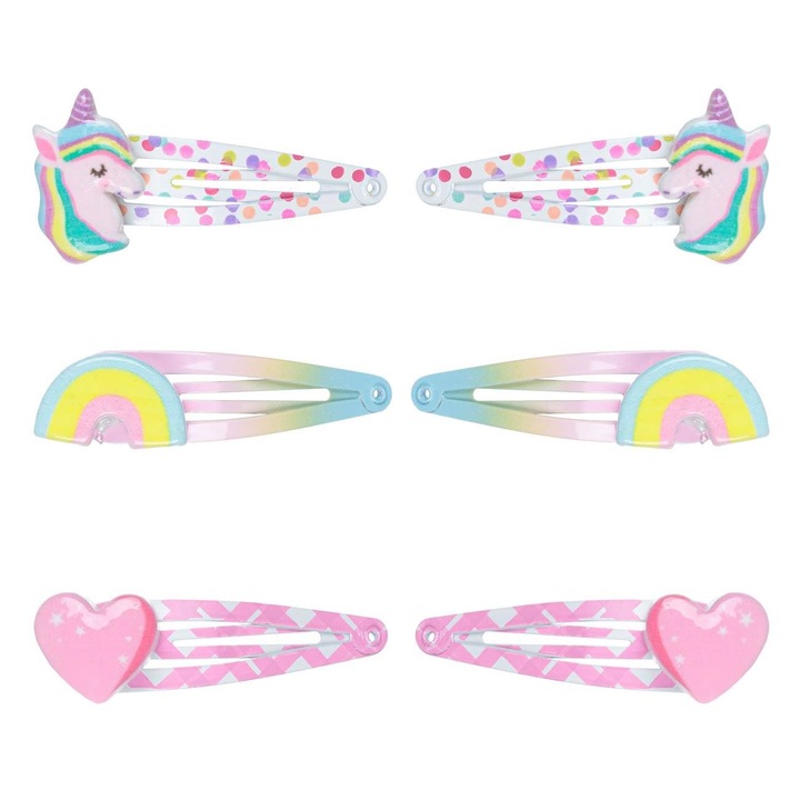 3D метални фиби за коса с еднорог и дъга, комплект от 6 броя, 5,5 см