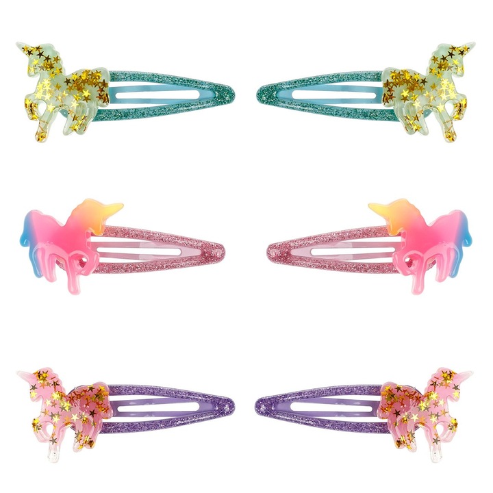 Set 6 clamite metalice de par Shopiens® pentru fetite, de culoare verde deschis, roz, lila, cu glitter cu model unicorn, 5 cm