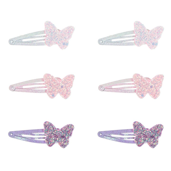 Fémes hajcsat 3D pillangók rózsaszín lila fehér csillámokkal gyerekeknek 6cm - 6db