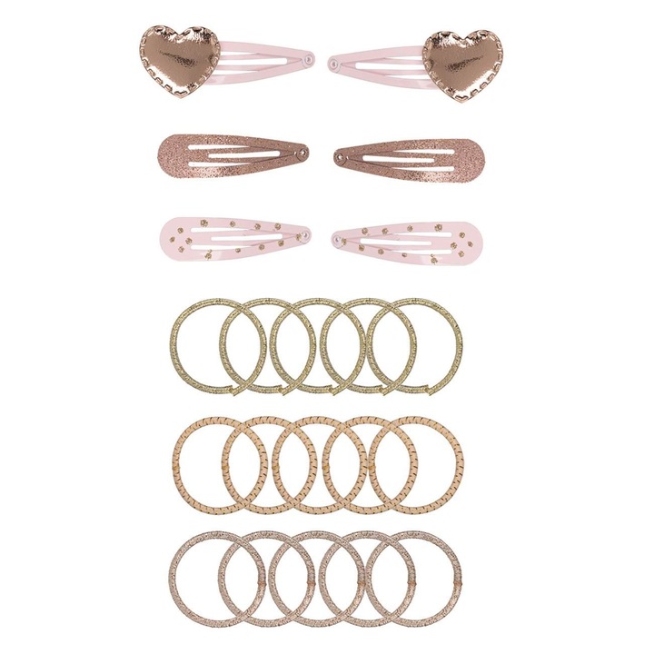 Set Clamite & 15 Elasitce de Par pentru Copii Roz Ariu Biline Glitter Inima 5cm - 21buc