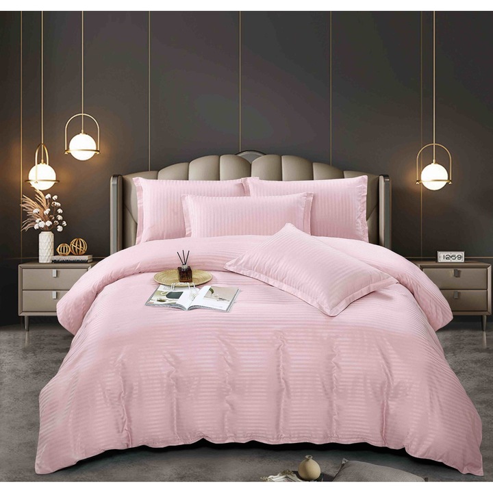 Двойно фино памучно спално бельо, 6 части, 4 калъфки за възглавница, светло розово