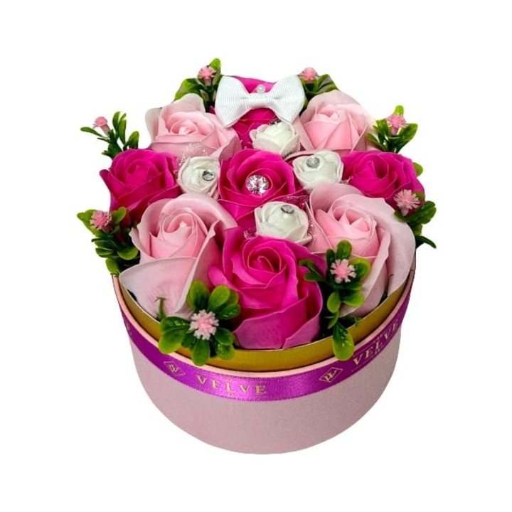 Aranjament floral Reo, in cutie rotunda cu 9 trandafiri din sapun, trandafiri din spuma, cristale si plante artizanale, Roz, Diametrul 14 cm, Velve