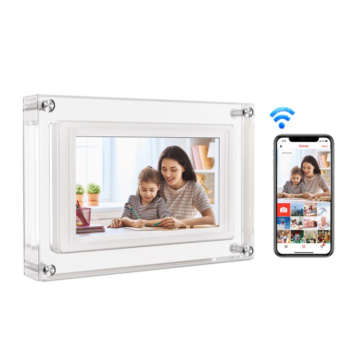 WiFi цифрова фото рамка, 5 инча акрилна цифрова фото рамка, 854 x 480 резолюция, 32g, IPS LCD сензорен екран, автоматично завъртане на снимки/видео, съвместима с приложението Frameo, идеален подарък за родители, бял