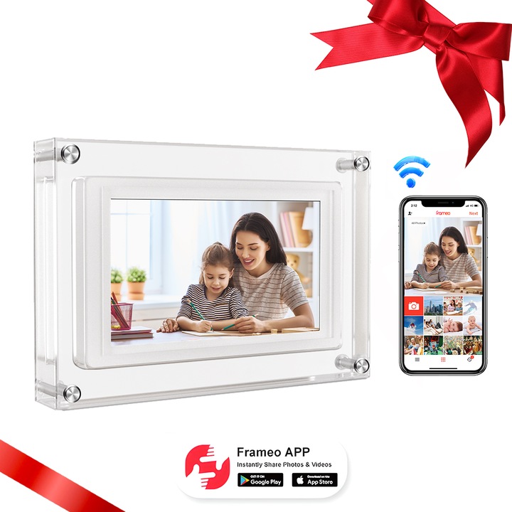 QELIRA® Rama foto digitala WiFi, ecran tactil IPS, acrilic, memorie 32GB, rotire automata a fotografiilor si videoclipurilor, compatibila cu aplicatia Frameo, cadou ideal, 5 inch