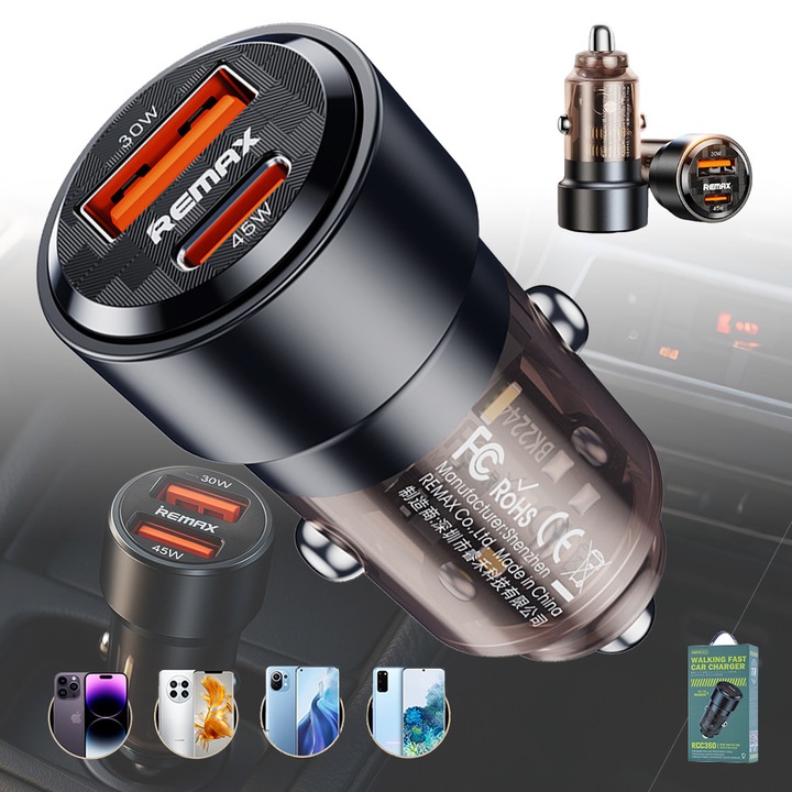 Incarcator Auto Bricheta Mini Super Fast Charge 75W, USB-A 40W + USB type C PD 30W Incarcare Rapida, Compatibilitate Universala, Apple, Samsung, Huawey, Xiaomi, Google, Tableta, 12V/24V, Negru
