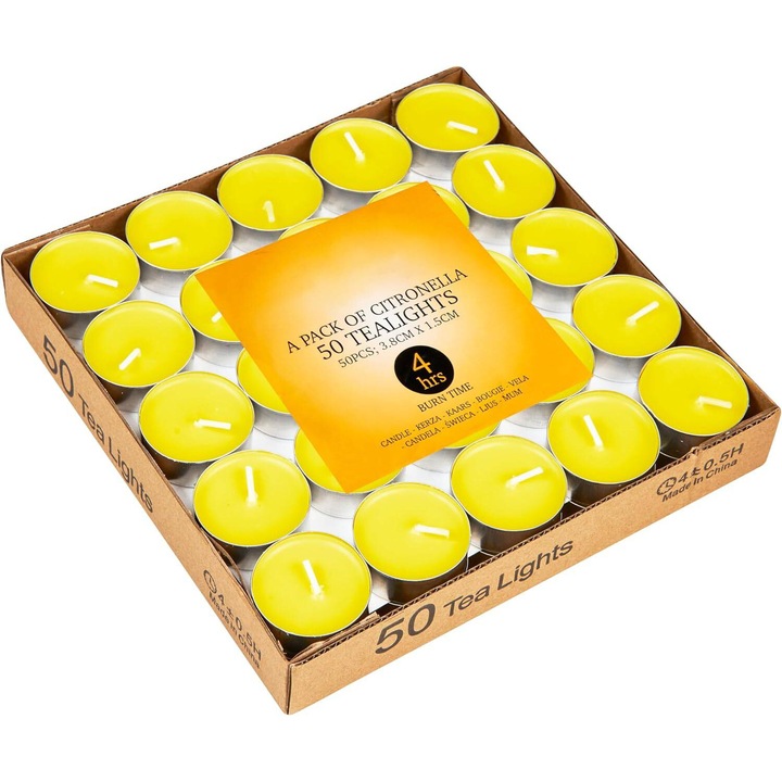 Set 50 lumanari parfumate Citronella, antiinsecte, tip pastila, timp de ardere 4 ore, ideale pentru exterior
