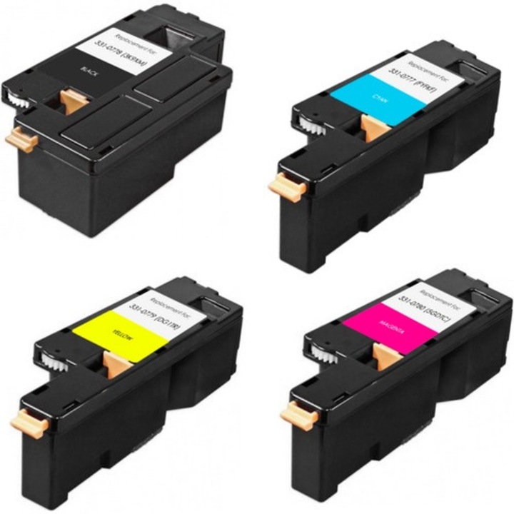 4 db-os Dell 1250 fekete, kék, piros, sárga toner 6200 oldalas készlet, Dell 1250c / 1350cnw / 1355cn / 1355cnw C1700 sorozat / 1760nw / 1765nf / 1765nfw