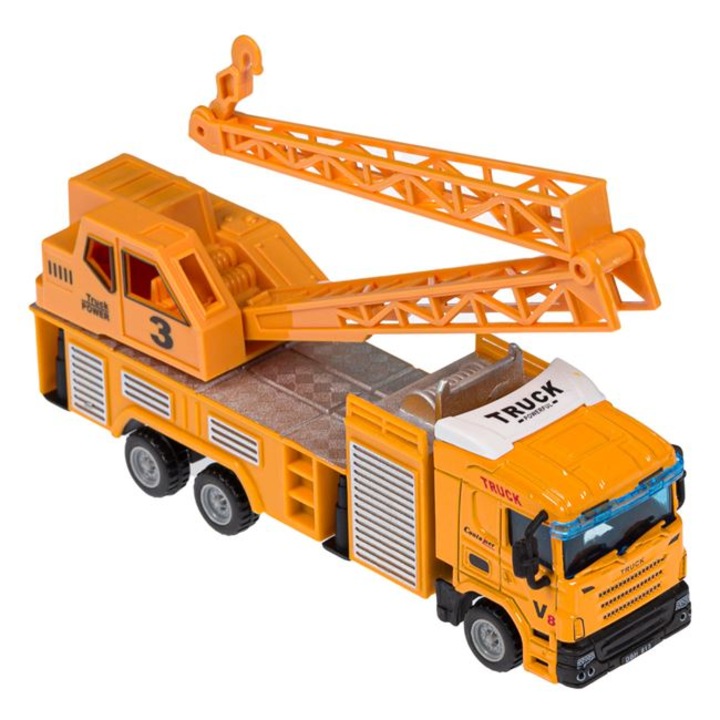 Vehicul de santier in miniatura Antbro® camion cu macara cu scala de 1:64, structura din metal si plastic, galben