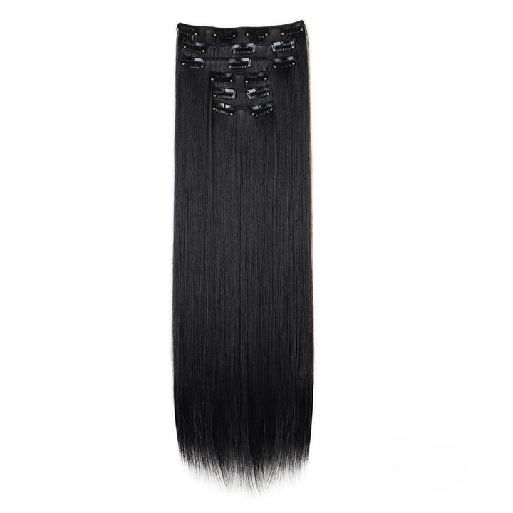 Extensii Par Drept Lung, Ouyifan, sintetic, 24inch, Fibra Temperatura Inalta, Set 6 Piese, Negru