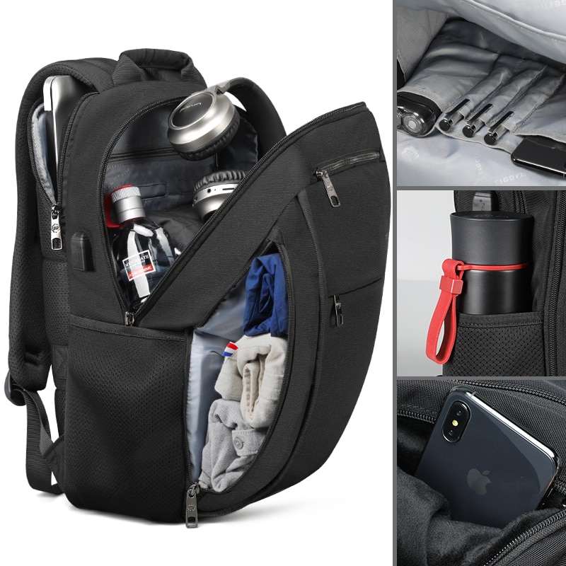 Rucsac laptop 17" smart casual, impermeabil, cu port USB si buzunar antifurt, Tigernu, 48x32x18 cm, Negru