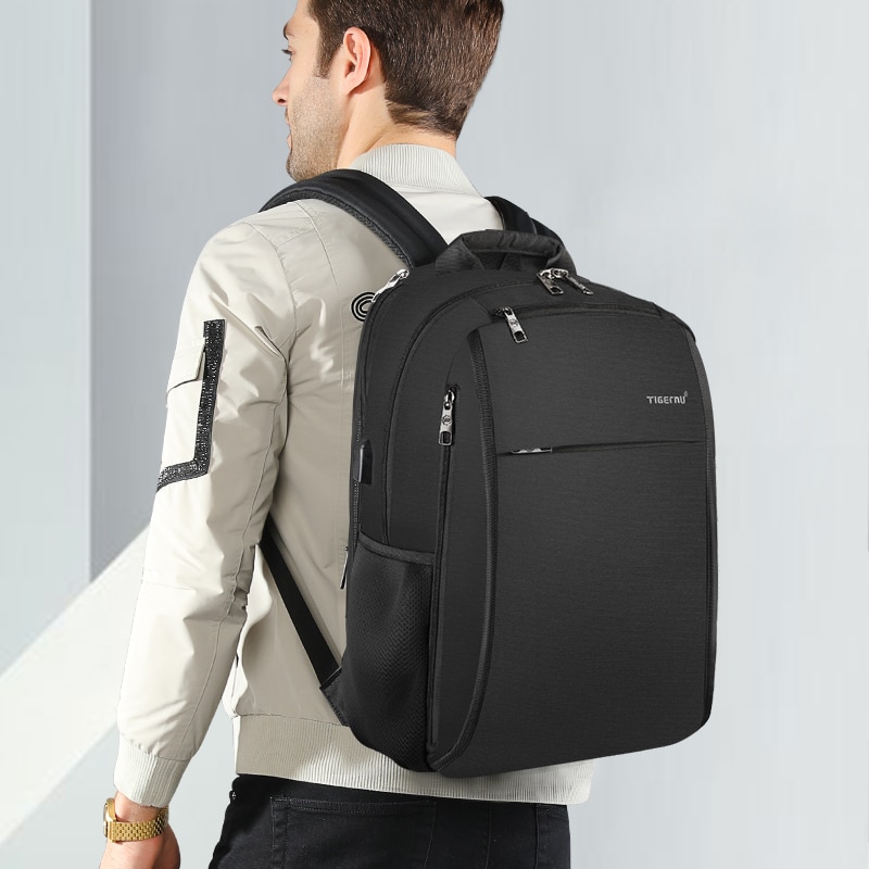 Rucsac laptop 17" smart casual, impermeabil, cu port USB si buzunar antifurt, Tigernu, 48x32x18 cm, Negru