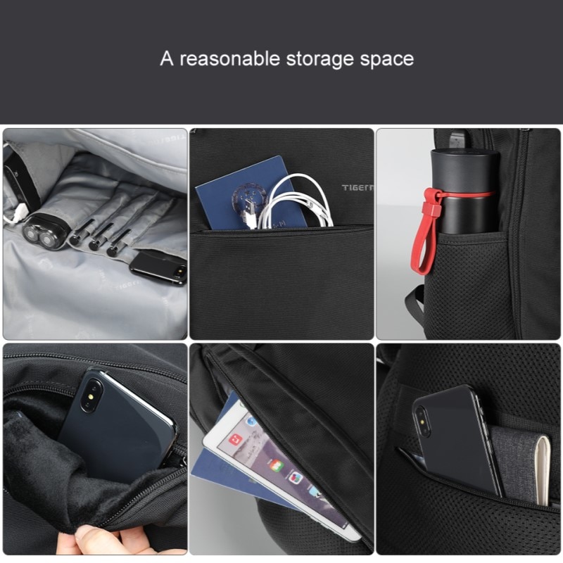 Rucsac laptop 17" smart casual, impermeabil, cu port USB si buzunar antifurt, Tigernu, 48x32x18 cm, Negru