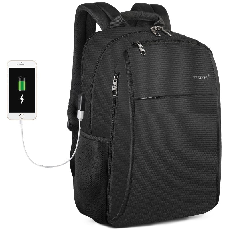 Rucsac laptop 17" smart casual, impermeabil, cu port USB si buzunar antifurt, Tigernu, 48x32x18 cm, Negru