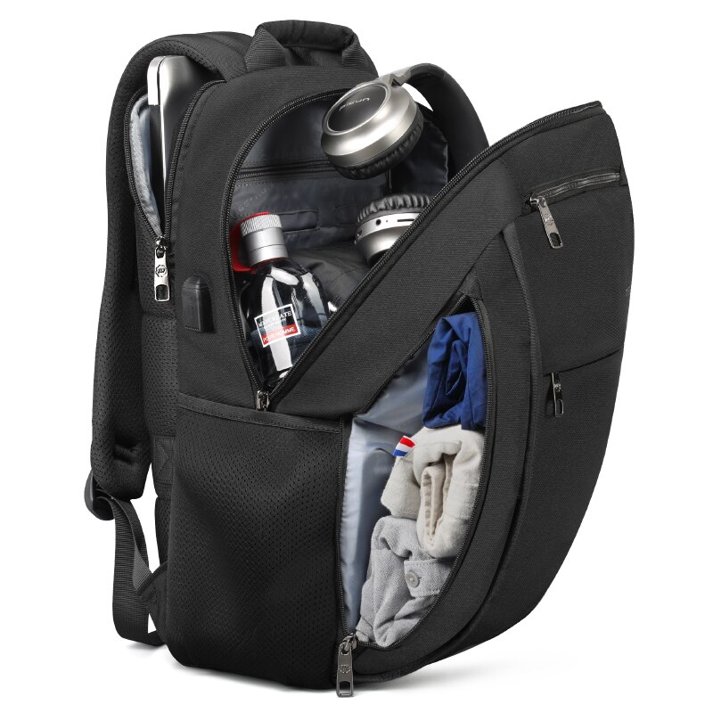 Rucsac laptop 17" smart casual, impermeabil, cu port USB si buzunar antifurt, Tigernu, 48x32x18 cm, Negru