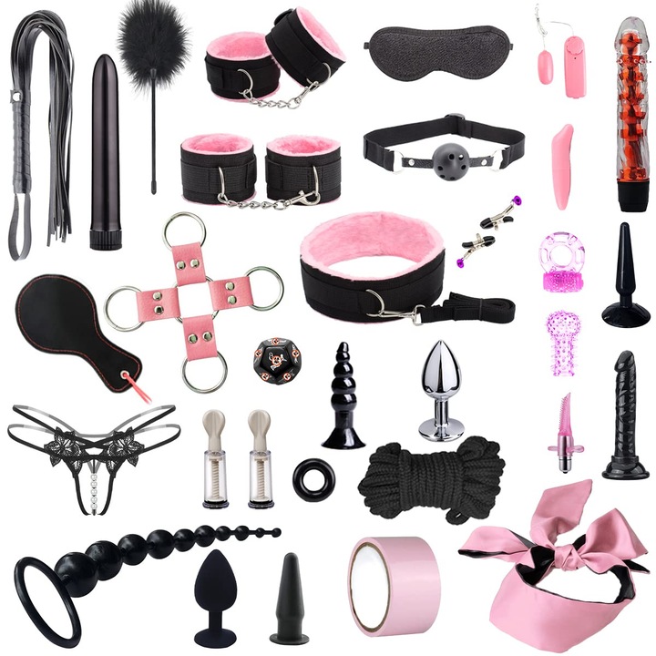 WALALLA bondage készlet, 32 darab, nylon, fekete és rózsaszín