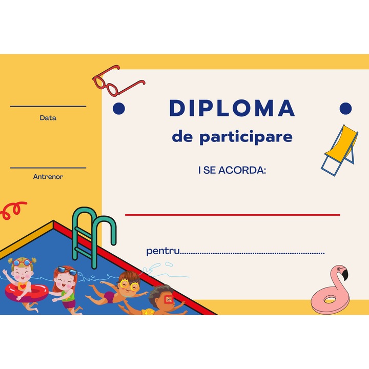 Diploma de absolvire/participare/merit pentru copii, carton, A4, 10 bucati, model inot