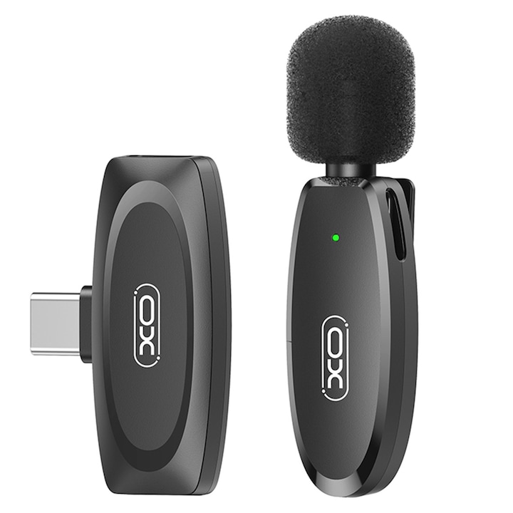Lavalier mikrofon, XO vezeték nélküli, telefonhoz, USB-C csatlakozó, háttérzajcsökkentés, AI zajszűrés, 2,4G, fekete (MKFO8A)