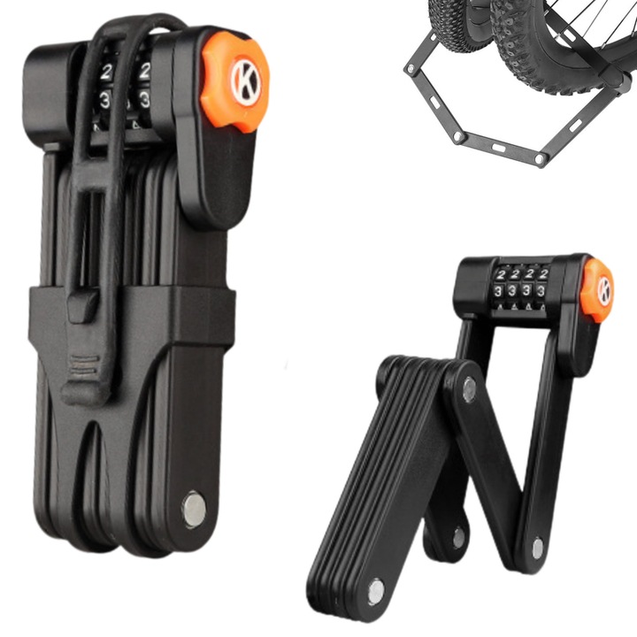 Antifurt bicicleta pliabil, 85cm, cod 4 cifre, suport inclus, negru