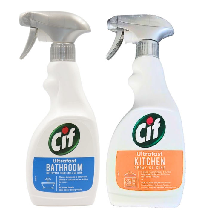 Pachet Spray de curatat Ultrafast pentru baie, Cif 500 ml + Spray de curatat Ultrafast pentru bucatarie, Cif 500 ml