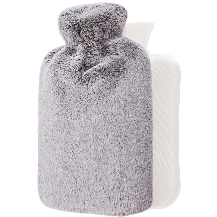 Sticla de apa calda cu capac moale, 1.8L mare, utilizata pentru ameliorarea durerilor, gat si umeri, incalzirea picioarelor, crampe menstruale, terapie cu cald si rece, Gri