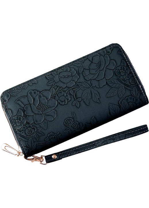 Portofel dama Ouyifan, floral embosat, piele, negru, 19.5x10x2.5cm