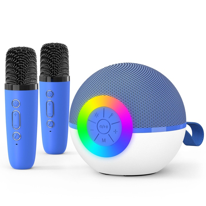 Karaoke mikrofon gyerekeknek és felnőtteknek hordozható hangszóróval, HEILU, Vezeték nélküli, 5 hangeffektus, RGB fény, Aux/TF kártya/Bluetooth 5.0 támogatás, MP3 lejátszó, bulikra és ünnepségekre is alkalmas, 1500mAh, 2 mikrofon, sötétkék