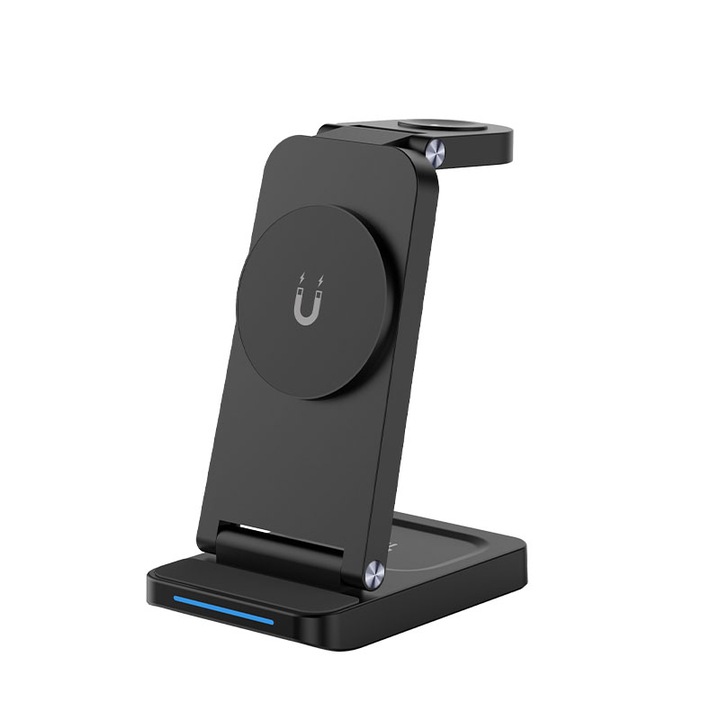 Vezeték nélküli töltő töltés 3 az 1-ben Qi gyorstöltő 15 W gyorstöltés Kompatibilis Apple Watch összes sorozatú Airpoddal Minden modell és iPhone Android Samsung Huawei Xiaomi, fekete