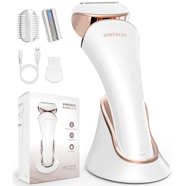 Epilator umed si uscat, 3 tipuri de lame detasabile, IPX 6, Reincarcabil USB, Statie de Incarcare, 900mAh, Alb/Auriu
