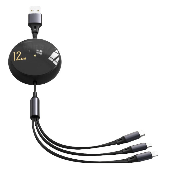 Behúzható töltőkábel 3 az 1-ben, több eszközzel kompatibilis, 1,2 m, fekete