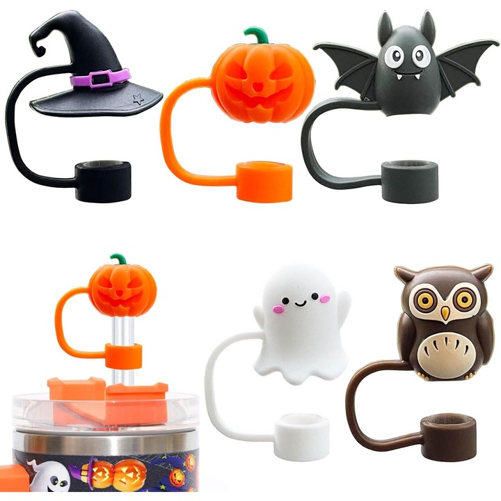 Set 5 capace pentru paie, Halloween, silicon, 22x16mm, multicolor