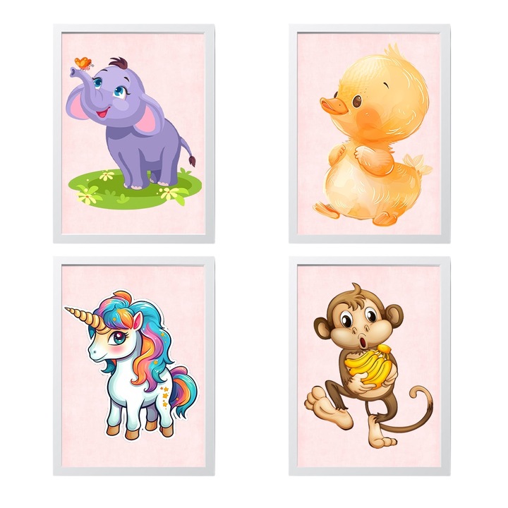 Set 4 Tablouri decorative cu animalute pentru camera copiilor, Betaprint, A4, 30x20cm, model pink