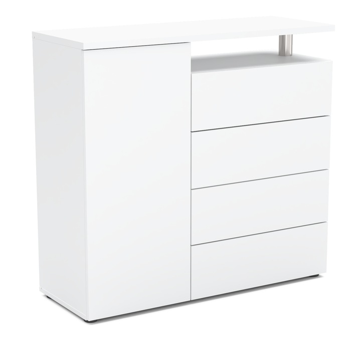 Comoda, Stiv-Meble, TOP 3SZ, TOP3_BMBM, 100x38x94 cm, 1 Usi, 4 Sertare, PAL, Alb