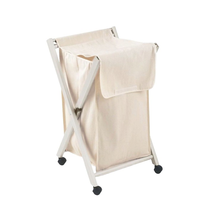 Összecsukható szennyes kosár, Arredamenti Italia, Banny, űrtartalom 90 liter, 78x50 cm, 1 rekesz fedéllel, bükkfa szerkezet, pamut textil kosár, hordozható, szállító kerekek, praktikus és elegáns, fehér