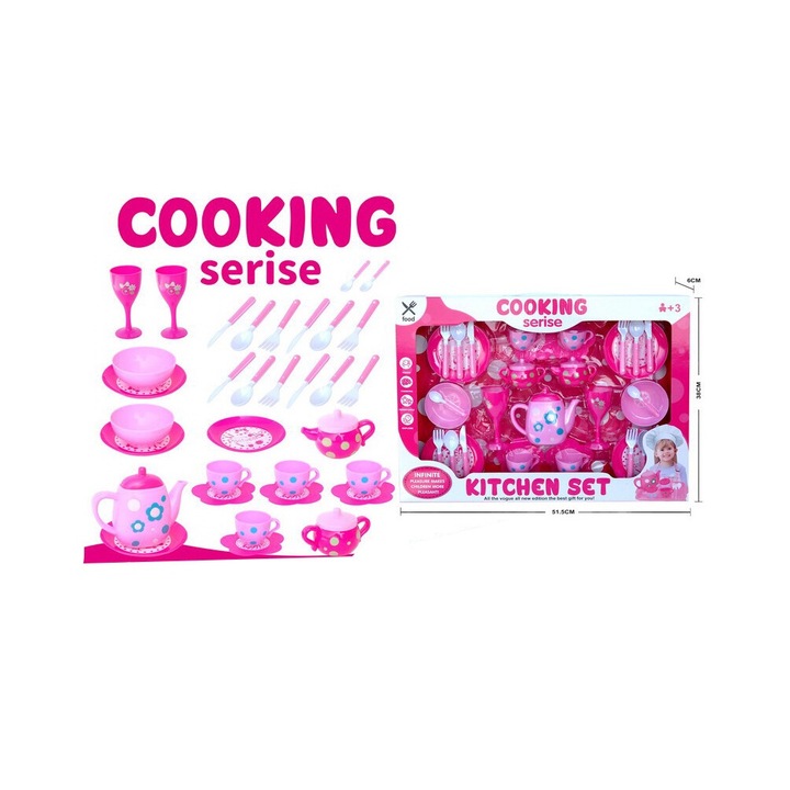 Konyhai készlet csészékkel, tányérokkal és étkészlettel, rózsaszín