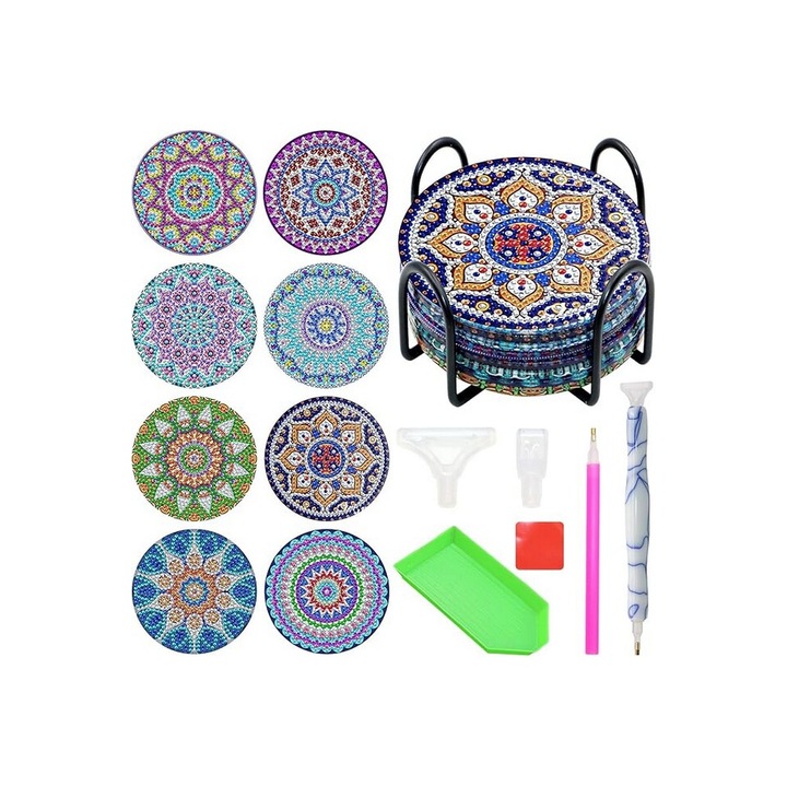 Kit de pictura cu diamant 5D pentru 8 suporturi de pluta adezive, 8, suporturi pentru coaster, 1 stilou si 1 pentru pictura, 1 tava, 1, 16 pungi autoadezive, o foaie etichete, ZYNERY