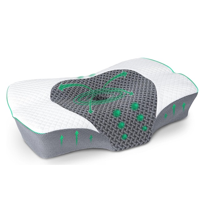 Perna ortopedica cervical SAHEYER, 60x41 cm, Spuma cu memorie, Ergonomica, pentru sustinerea gatului, culoare gri cu alb