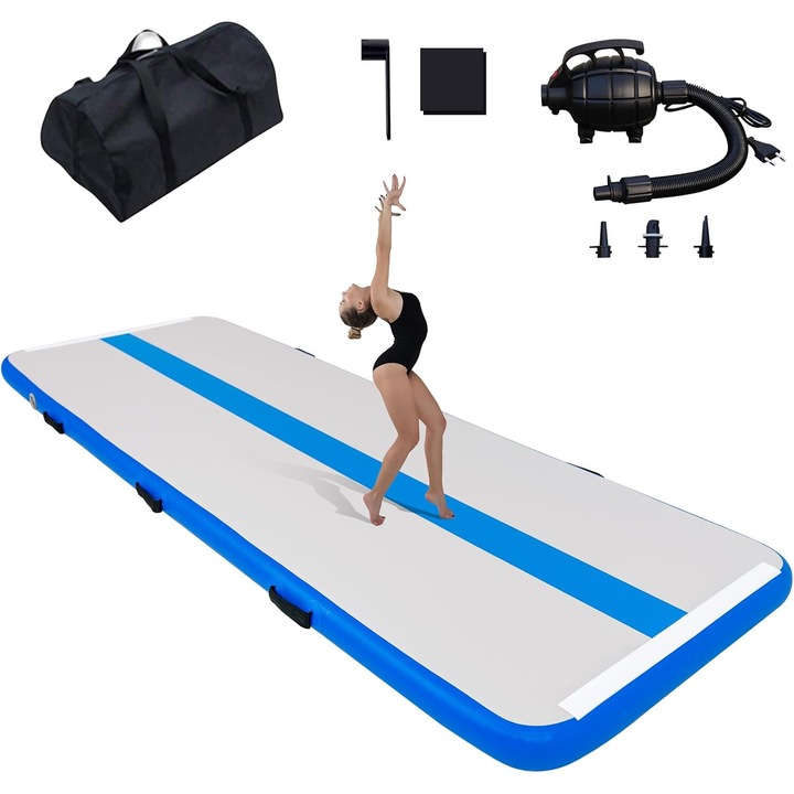 Saltea pentru antrenament gimnastica, gonflabila, 300 x 100 x 10 cm, din PVC, rezistent UV, cu pompa electrica si geanta de transport, albastra