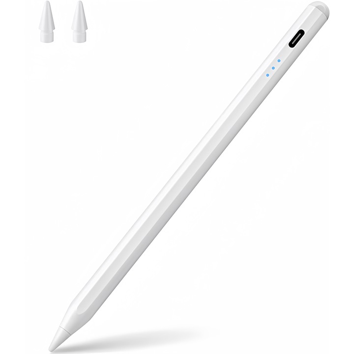 Stylus pentru iPad, Functie Palm Rejection, Design Magnetic, Alb, cu 2 Capete de Rezerva