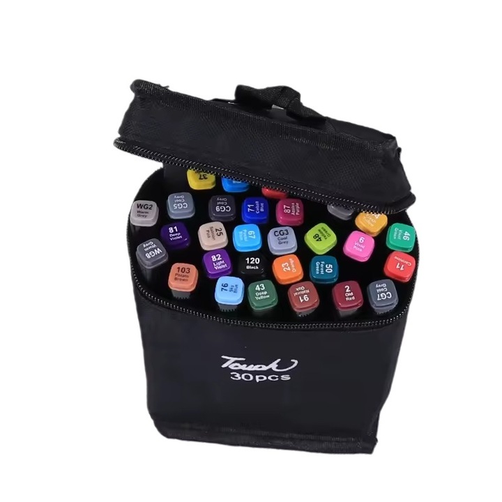 Set 30 markere duble WePro Store, profesionale, subtire si gros, cerneala pe baza de alcool, geanta de depozitare, Multicolore